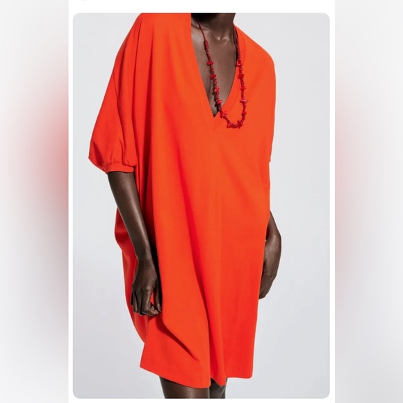 ZARA NEW COCOON DRESS BRIGHT ORANGE - Picture 1 of 9